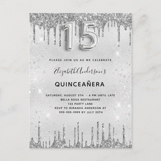 Quinceanera parties scintillant argent invitation (Devant)