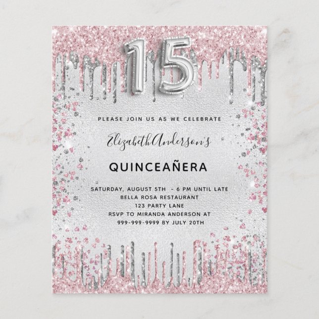 Quinceanera parties scintillant rose argent invita (Devant)