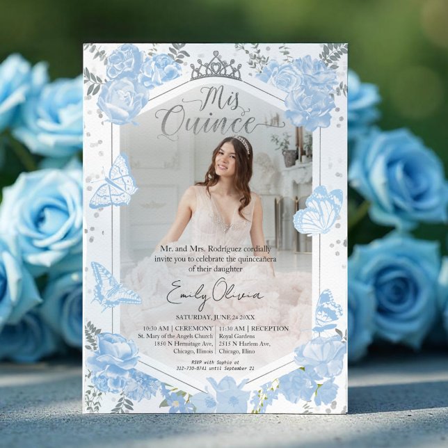 Quinceanera Photo Invitation Papillon bleu Dusty (Créateur téléchargé)