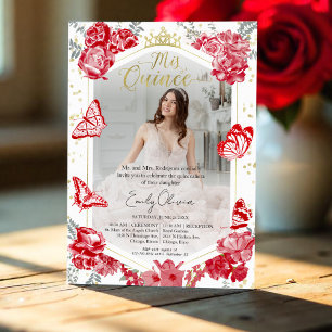 Quinceanera Photo Invitation Rouge Floral Gold Foi