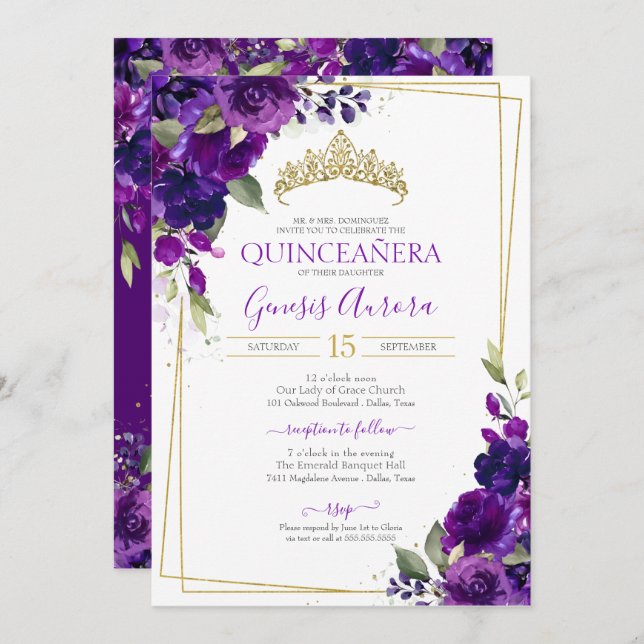 Quinceañera Purple Aquarelle Florale Invitation (Devant / Derrière)