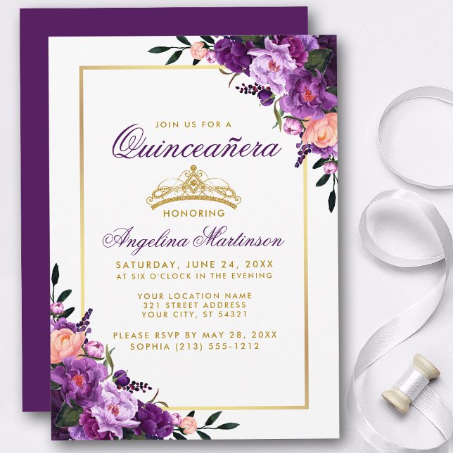 Quinceanera Purple Floral Gold Invitation P (Customize to change text color, style, add text & photos to back or change color of back of card.)