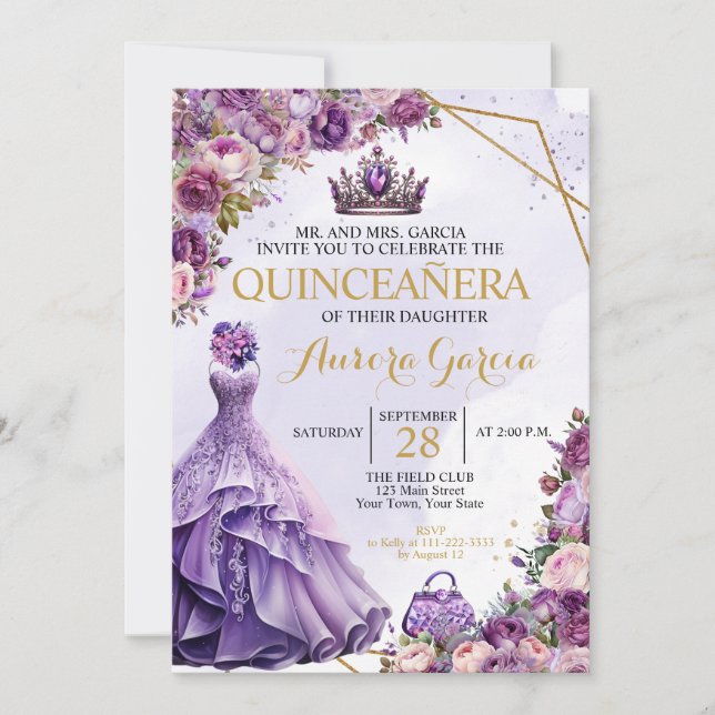 Quinceanera Purple Floral Invitation (Devant)