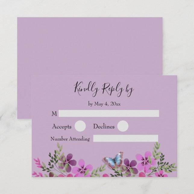 Quinceanera Purple Floral Papillon RSVP Réponse (Devant / Derrière)