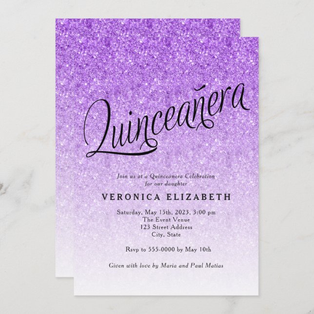 Quinceanera Purple Parties scintillant Invitation  (Devant / Derrière)