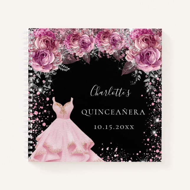 Quinceanera robe florale rose noire livre d'or (Devant)