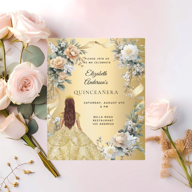 Quinceanera robe or jaune floraux invitation (Créateur téléchargé)
