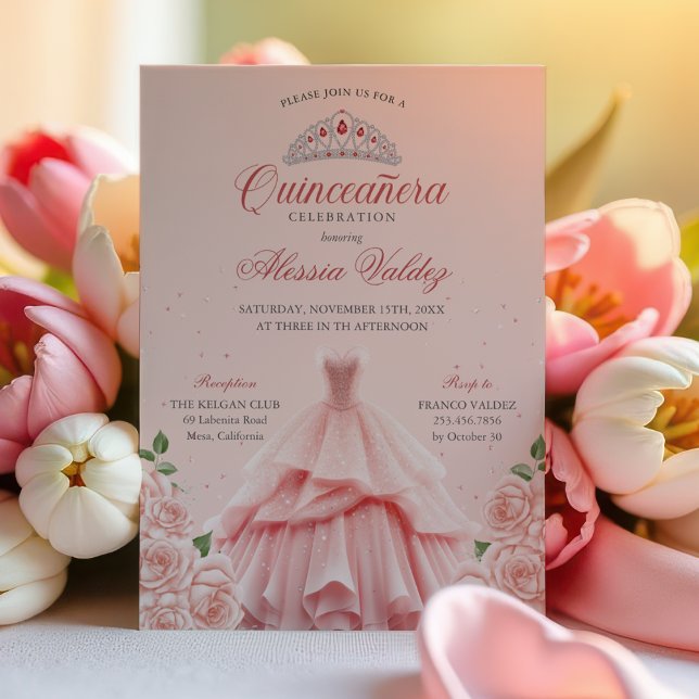 Quinceanera Robe Rose Argent Floral Invitation (Créateur téléchargé)