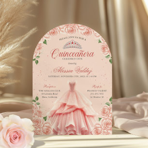 Quinceanera Robe Rose Argent Floral Invitation