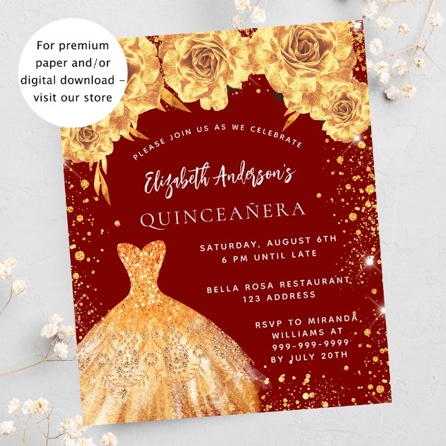 Quinceanera robe rouge or invitation rose (Créateur téléchargé)