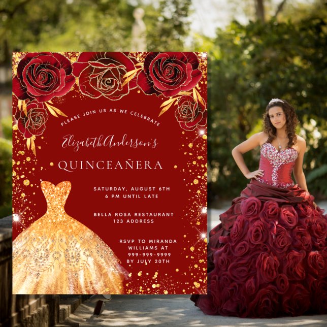 Quinceanera robe rouge or robe invitation florale (Créateur téléchargé)