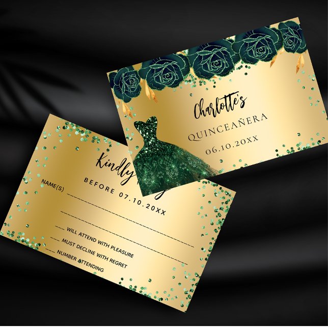 Quinceanera robe verte fleurs or RSVP carte (Créateur téléchargé)