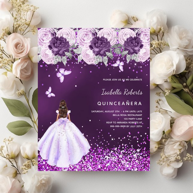 Quinceanera robe violet fleurs roses invitation (Créateur téléchargé)