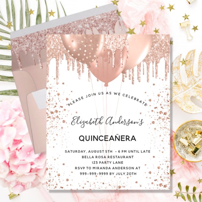 Quinceanera rose en or ballons invitation (Créateur téléchargé)