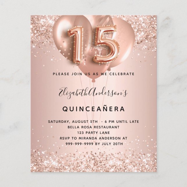 Quinceanera rose en or ballons invitation (Devant)