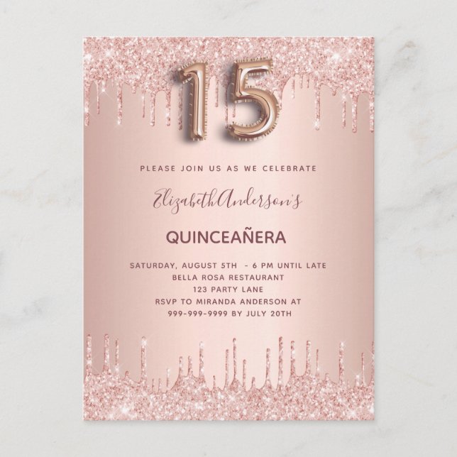 Quinceanera rose en or blush invitation (Devant)