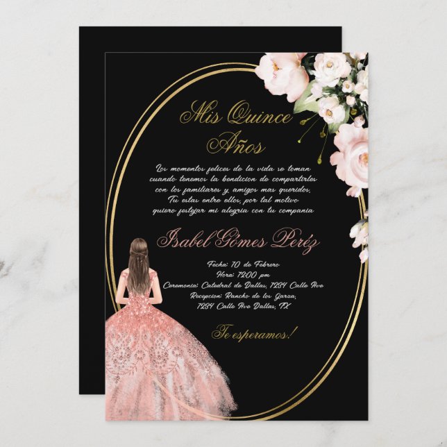 Quinceanera rose noire invitation en espagnol (Devant / Derrière)