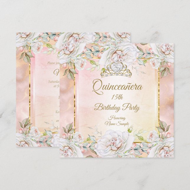 Quinceanera Rose Or rose Anniversaire Invitation d (Devant / Derrière)