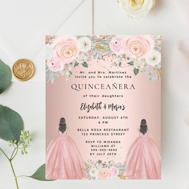 Quinceanera rose robe florale 2 filles invitation (Créateur téléchargé)