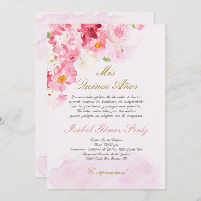 Quinceanera rose vif invitation en espagnol (Devant / Derrière)