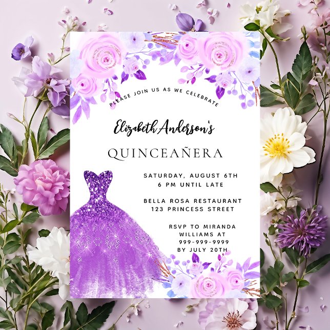 Quinceanera rose violet fleurs robe invitation (Créateur téléchargé)