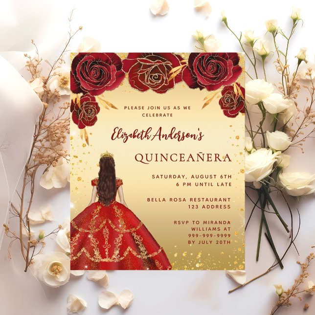 Quinceanera rouge or robe florales invitations (Créateur téléchargé)
