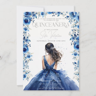 Quinceañera Royal bleu Floral Princesse Invitation