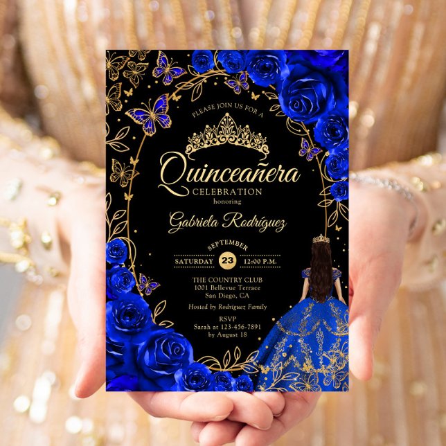 Quinceanera Royal Blue Gold Black Invitation (Créateur téléchargé)
