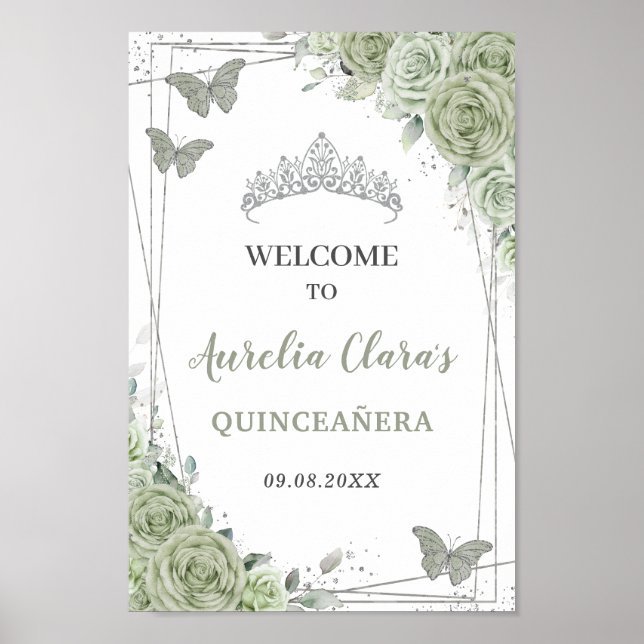 Quinceañera Sage Green Floral Affiche de bienvenue (Devant)