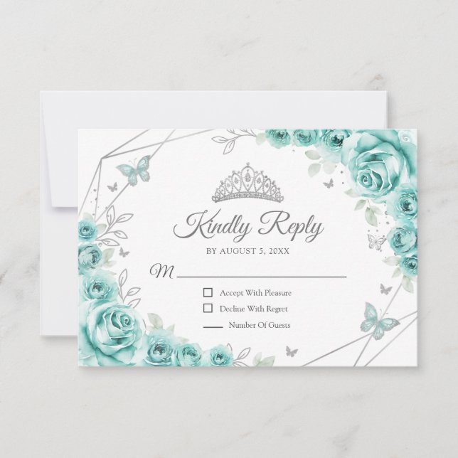 Quinceanera Turquoise Argent Floral Réponse (Devant)