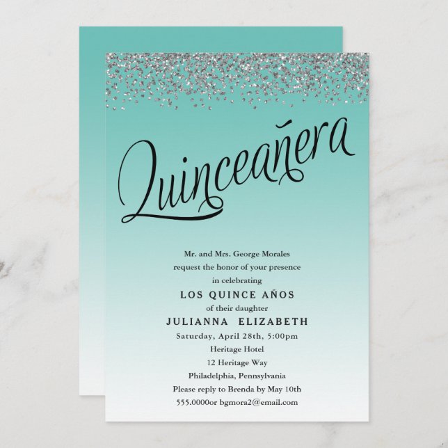 Quinceanera turquoise et argent Invitation d'anniv (Devant / Derrière)