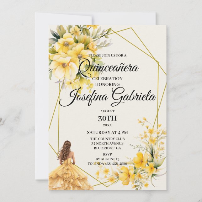 Quinceañera Yellow Gold Invitation (Devant)