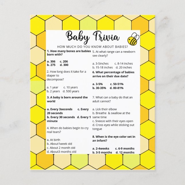 Quiz bébé abeille | Jeu de baby shower (Devant)