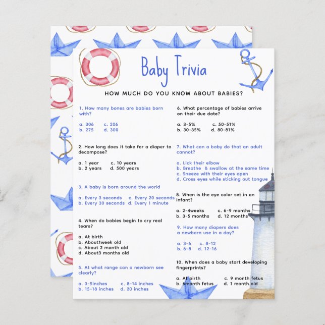 Quiz Bébé Marin | Jeu de Baby Shower (Devant / Derrière)