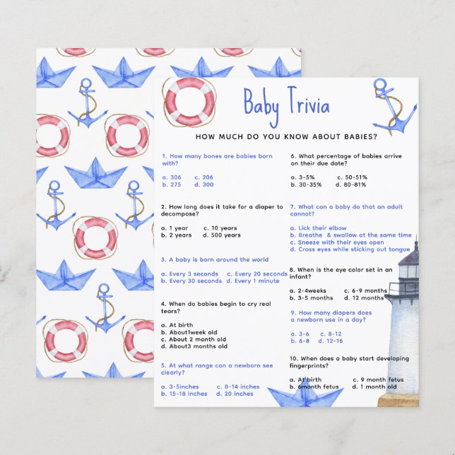 Quiz bébé nautique | Jeu de baby shower (Devant / Derrière)