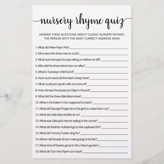 Quiz de comptines pour Baby Shower avec réponses (Devant)