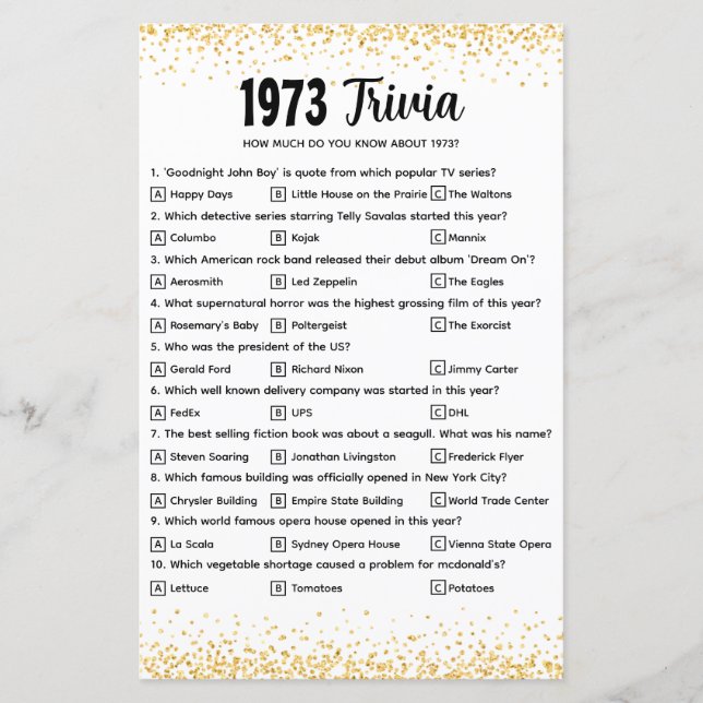 Quiz de Trivia personnalisé 1973 pour Mariage d'or (Devant)