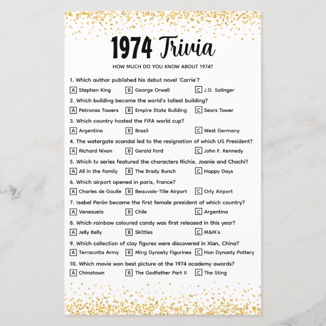 Quiz de Trivia personnalisé 1974 pour Mariage d'or (Devant)