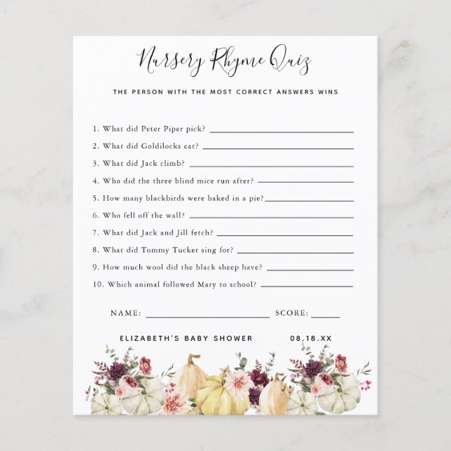 Quiz sur le rime des infirmières | Jeu Baby shower (Devant)