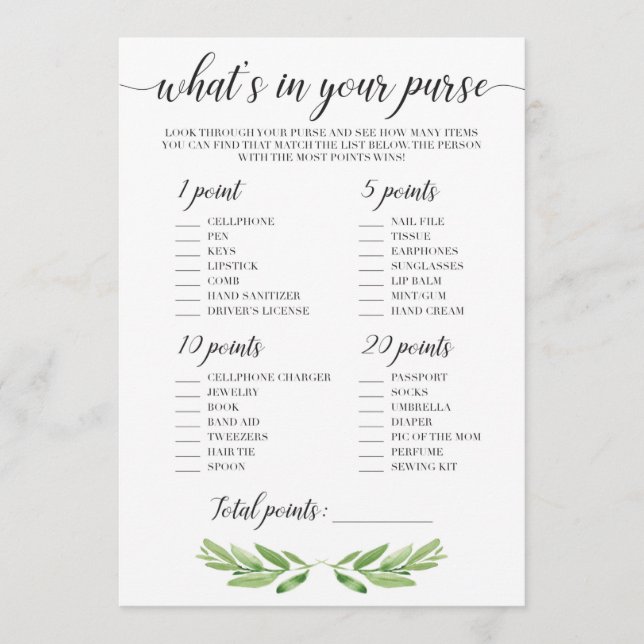 Quoi dans votre sac à main jeu pour les Baby showe (Devant)