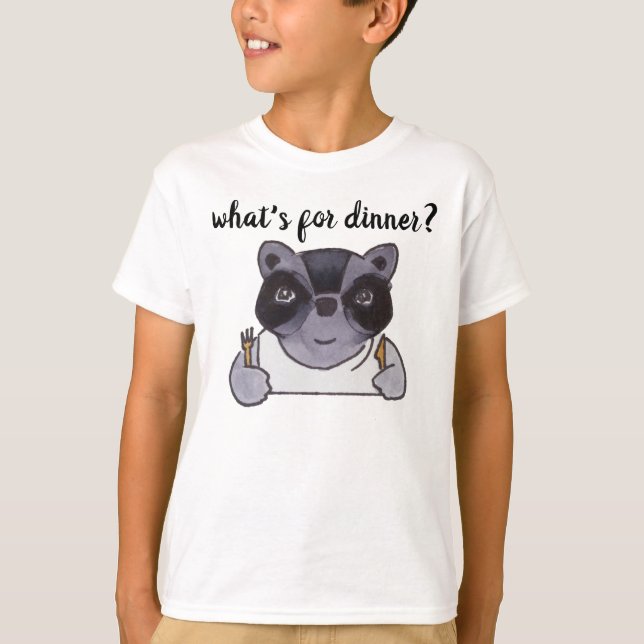 Quoi de neuf pour le dîner Cartoon Raccoon T-Shirt (Devant)