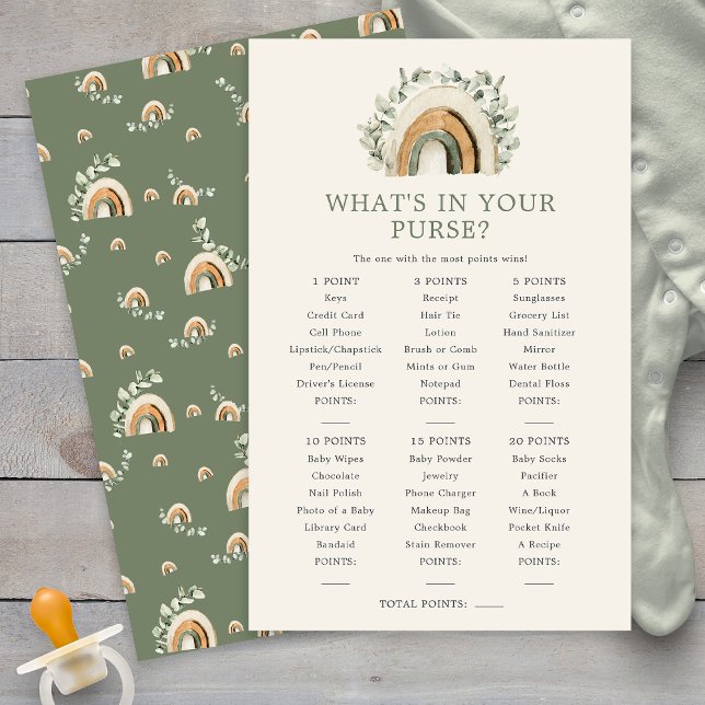 Qu'y a-t-il dans ton sac, bébé ? (Watercolor Sage Green Rainbow Boho What's In Your Purse Baby Game Card by Painted Paperie
)