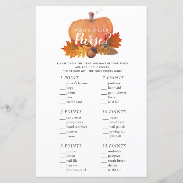 Qu'y a-t-il dans votre jeu de Baby shower Citrouil (Devant)