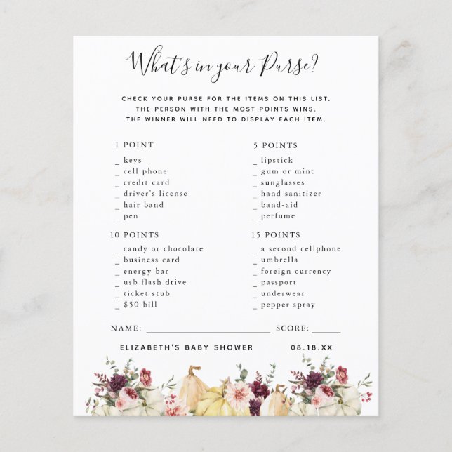 Qu'y a-t-il dans votre sac | Jeu Baby shower (Devant)