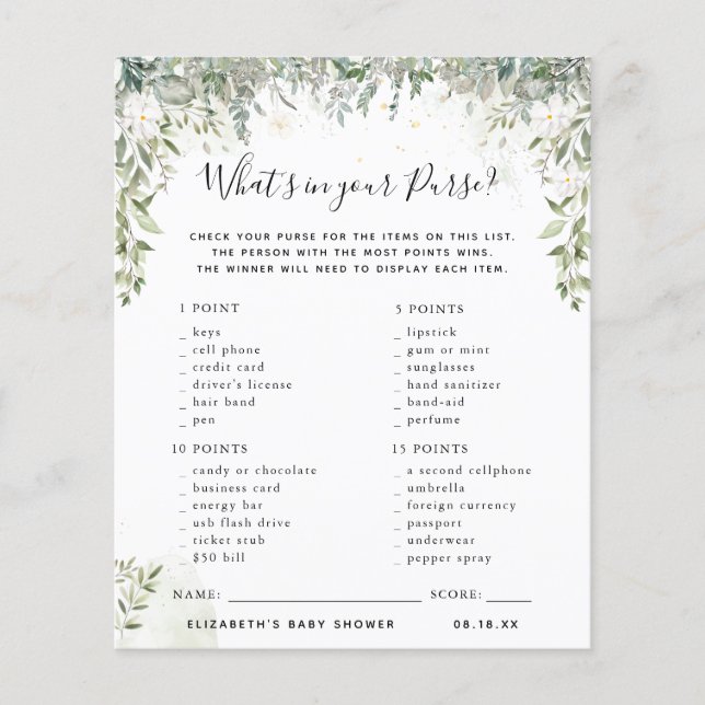 Qu'y a-t-il dans votre sac | Jeu Baby shower (Devant)