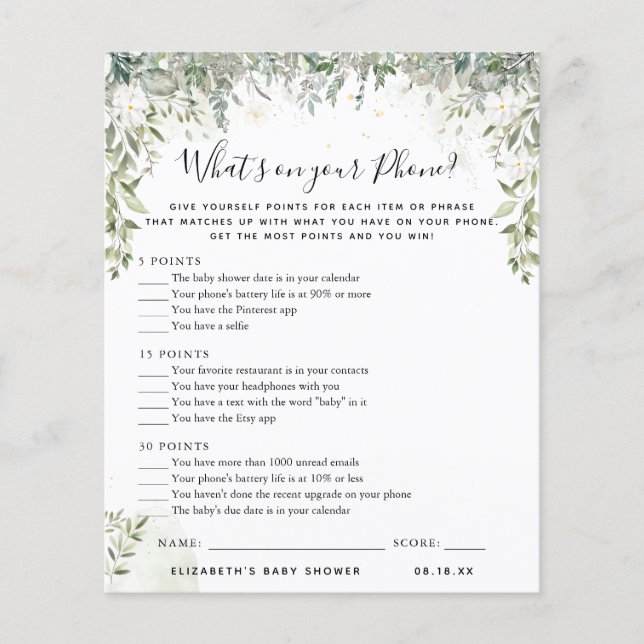 Qu'y a-t-il sur votre téléphone | Jeu Baby shower (Devant)
