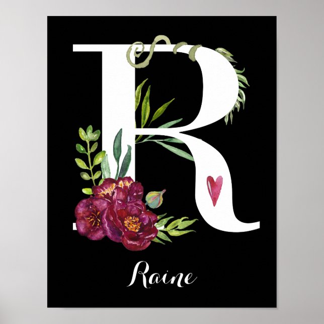 R Aquarelle Florale Monogramme personnalisé Poster (Devant)