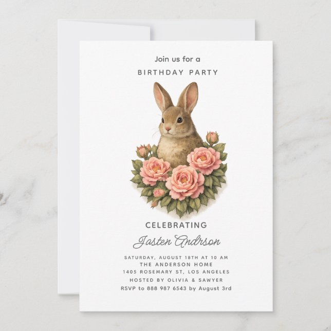 Rabbit and Pink Flowers Birthday Party Invitation (Devant)