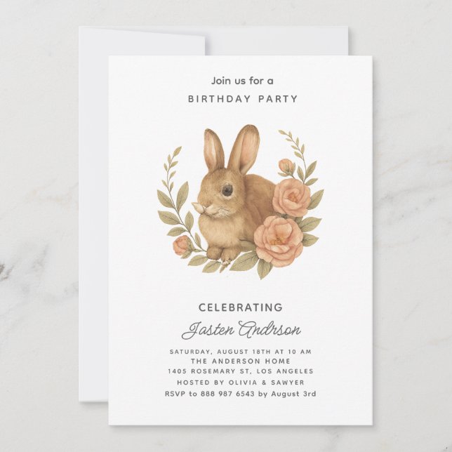 Rabbit and Pink Flowers Birthday Party Invitation (Devant)