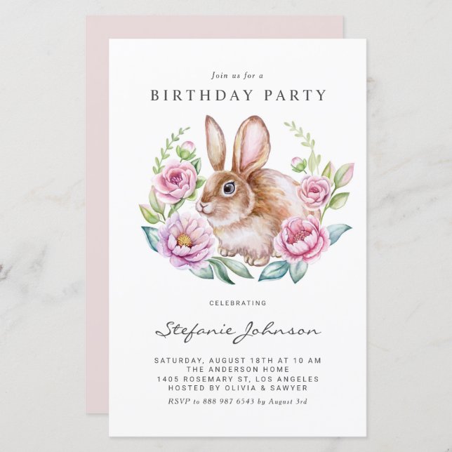 Rabbit and Pink Flowers Birthday Party Invitation (Devant / Derrière)